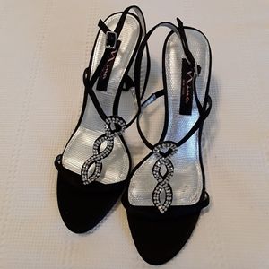 Nina T-Strap Rhinestone Embellished Heels, Black